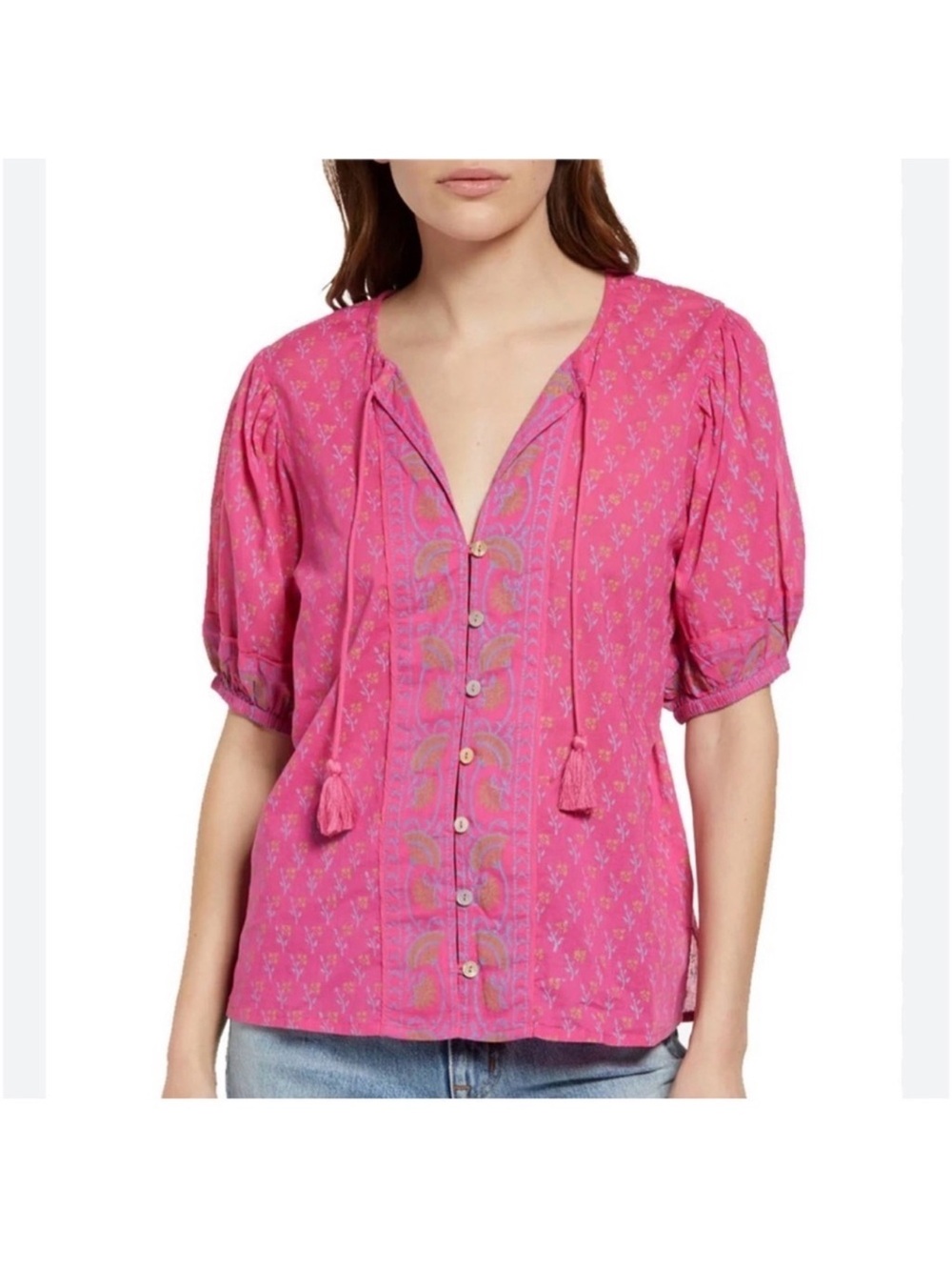 Cleobella Hot Pink Embroidered Button-Front Blouse